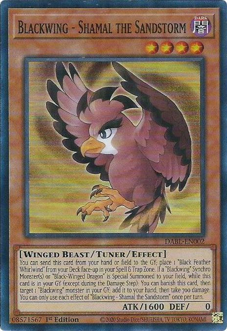A Super Rare "Blackwing - Shamal the Sandstorm" card from the Yugioh Set: Darkwing Blast (DABL).