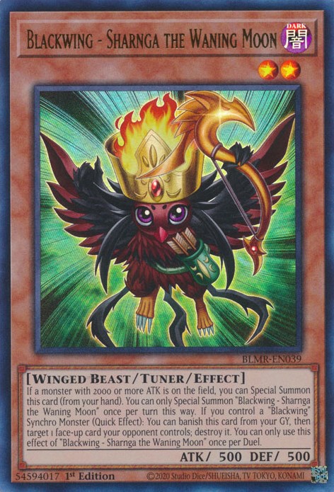 An Ultra Rare "Blackwing - Sharnga the Waning Moon" card from the Yugioh Set: Battles of Legend: Monstrous Revenge (BLMR).