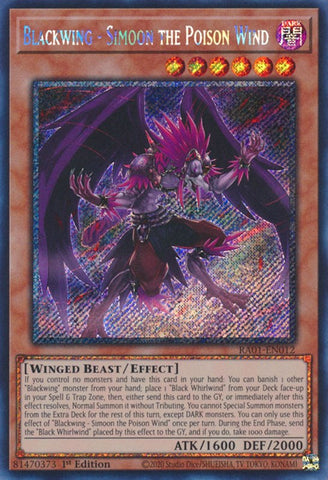 A Platinum Secret Rare "Blackwing - Simoon the Poison Wind" card from the Yugioh Set: Rarity Collection 1 (RA01).