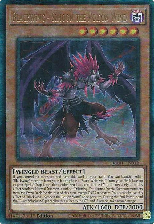 A Prismatic Ultimate Rare "Blackwing - Simoon the Poison Wind" card from the Yugioh Set: Rarity Collection 1 (RA01).