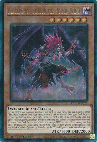 A Prismatic Ultimate Rare "Blackwing - Simoon the Poison Wind" card from the Yugioh Set: Rarity Collection 1 (RA01).