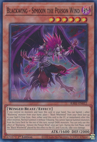 A Super Rare "Blackwing - Simoon the Poison Wind" card from the Yugioh Set: Rarity Collection 1 (RA01).