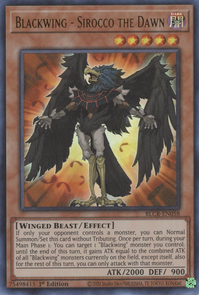 An Ultra Rare "Blackwing - Sirocco the Dawn" card from the Yugioh Set: Battles of Legend: Crystal Revenge (BLCR).