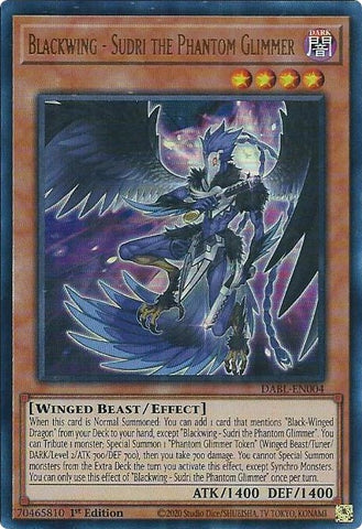 An Ultra Rare "Blackwing - Sudri the Phantom Glimmer" card from the Yugioh Set: Darkwing Blast (DABL).