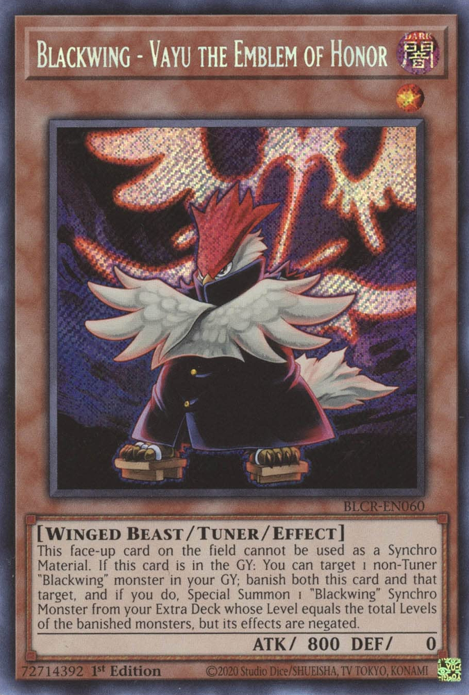 A Secret Rare "Blackwing - Vayu the Emblem of Honor" card from the Yugioh Set: Battles of Legend: Crystal Revenge (BLCR).