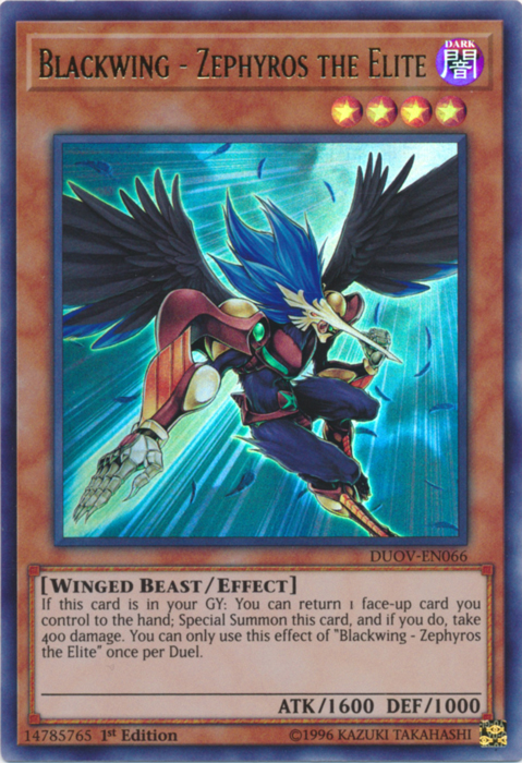 An Ultra Rare "Blackwing - Zephyros the Elite" card from the Yugioh Set: Duel Overload.