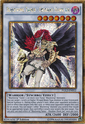 A Gold Secret Rare "Blackwing Tamer - Obsidian Hawk Joe" card from the Yugioh set: Premium Gold: Return of the Bling.