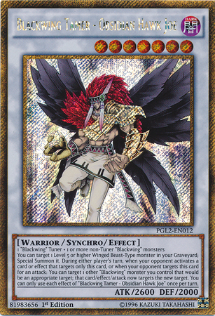 A Gold Secret Rare "Blackwing Tamer - Obsidian Hawk Joe" card from the Yugioh set: Premium Gold: Return of the Bling.