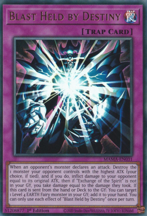 An Ultra Rare "Blast Held By Destiny" card from the Yugioh Set: Magnificent Mavens (MAMA).