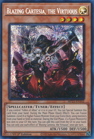 A Prismatic Secret Rare "Blazing Cartesia, the Virtuous" card from the Yugioh Dueling Heroes Mega-Tin Mega Pack (MP23).