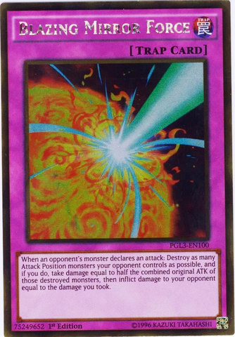 A Gold Rare "Blazing Mirror Force" card from the Yugioh Set: Premium Gold: Infinite Gold (PGL3).