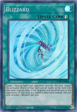 A Super Rare "Blizzard" card from the Yugioh Set: Rise of the Duelist (ROTD).