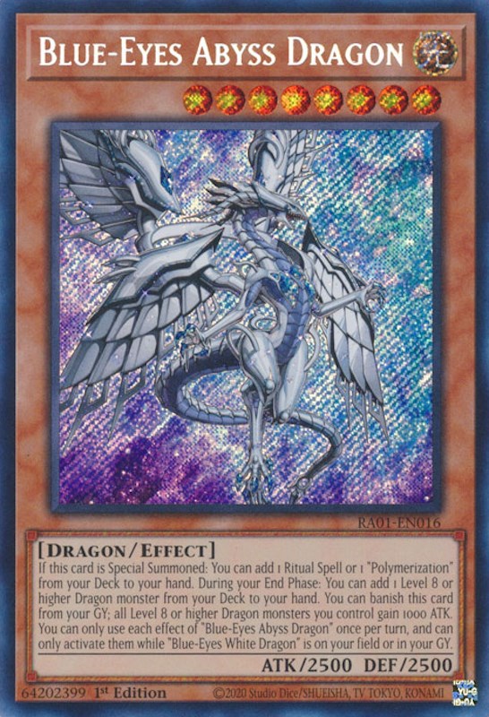 A Secret Rare "Blue-Eyes Abyss Dragon" card from the Yugioh Set: Rarity Collection 1  (RA01).