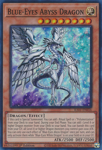 A Super Rare "Blue-Eyes Abyss Dragon" card from the Yugioh Set: Rarity Collection 1 (RA01).