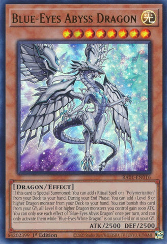 An Ultra Rare "Blue-Eyes Abyss Dragon" card from the Yugioh Set: Rarity Collection 1 (RA01).