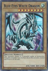 An Ultra Rare Blue "Blue-Eyes White Dragon" card from the Yugioh Set: Legendary Duelists: Season 2 (LDS2).