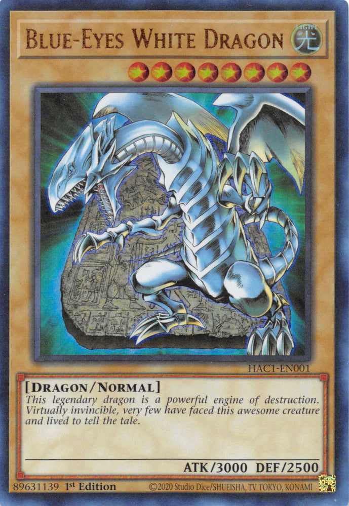 An Ultra Parallel Rare "Blue-Eyes White Dragon" card from the Yugioh Set: Hidden Arsenal: Chapter 1 (HAC1).