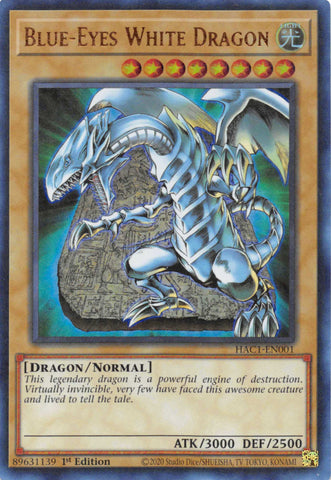An Ultra Parallel Rare "Blue-Eyes White Dragon" card from the Yugioh Set: Hidden Arsenal: Chapter 1 (HAC1).