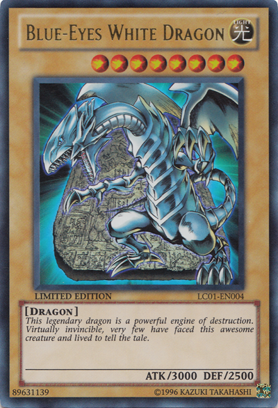 An Ultra Rare "Blue-Eyes White Dragon" card from the Yugioh Set: Legendary Collection 1.