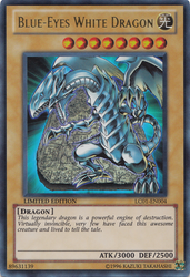 An Ultra Rare "Blue-Eyes White Dragon" card from the Yugioh Set: Legendary Collection 1.