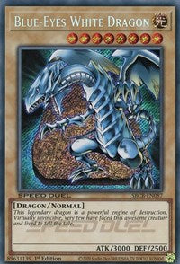 A Secret Rare "Blue-Eyes White Dragon" card from the Yugioh Set: Speed Duel: Battle City Box.