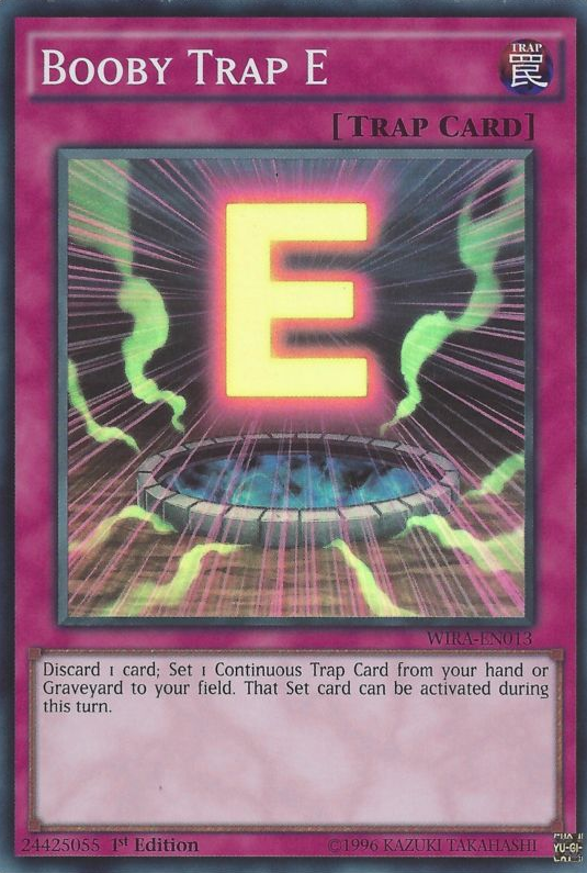 A Super Rare "Booby Trap E" card from the Yugioh Set: Wing Raiders (WIRA).