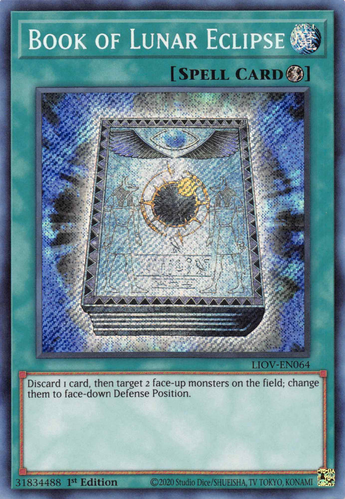 A Secret Rare "Book of Lunar Eclipse" card from the Yugioh Set: Lightning Overdrive (LIOV).