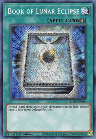 A Secret Rare "Book of Lunar Eclipse" card from the Yugioh Set: Lightning Overdrive (LIOV).