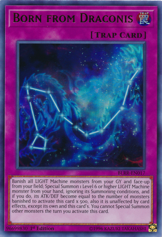 An Ultra Rare "Born from Draconis" card from the Yugioh Set: Battles of Legend: Relentless Revenge (BLRR).