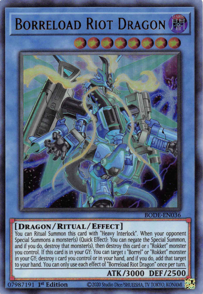  An Ultra Rare "Borreload Riot Dragon" card from the Yugioh Set: Burst of Destiny (BODE).