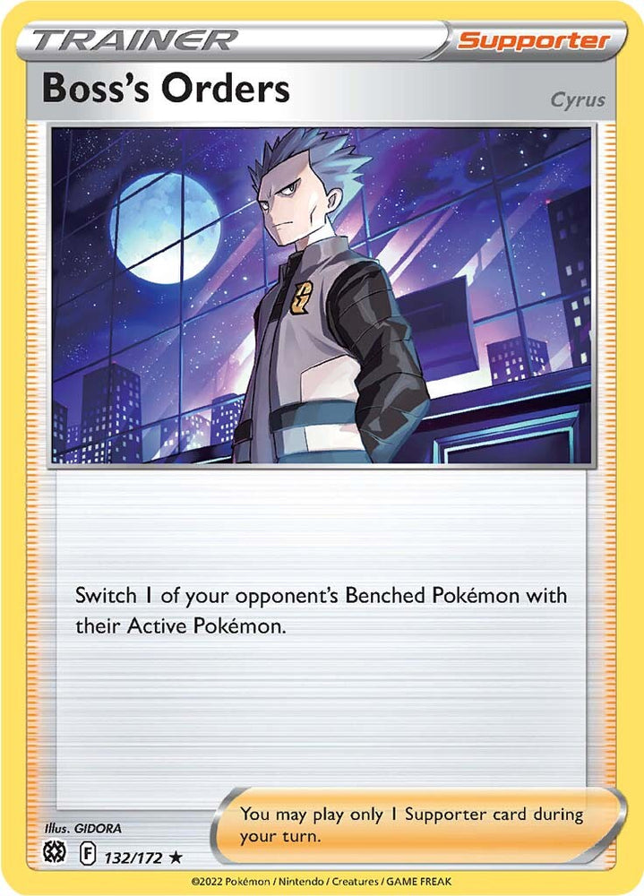 A Holo Rare "Boss's Orders" card from the Pokemon Set: Brilliant Stars.