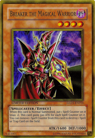 A Gold Rare "Breaker the Magical Warrior" card from the Yugioh Set: Gold Series 1 (GLD1.