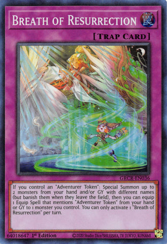  A Super Rare "Breath of Resurrection" card from the Yugioh Set: The Grand Creators.