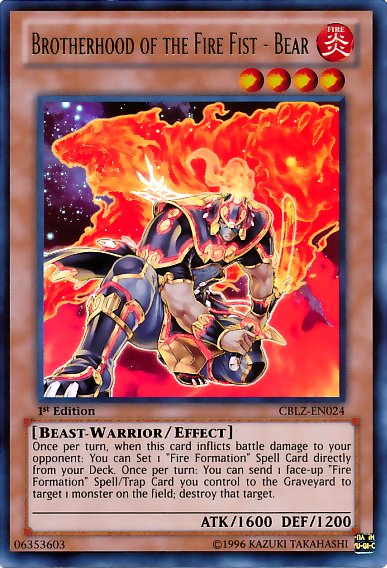 An Ultra Rare "Brotherhood of the Fire Fist - Bear" card from the Yugioh Set: Cosmo Blazer (CBLZ).