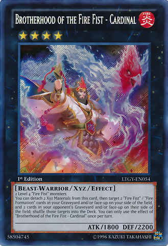 A Secret Rare "Brotherhood of the Fire Fist - Cardinal" card from the Yugioh Set: Lord of the Tachyon Galaxy (LTGY).