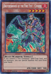 A Secret Rare "Brotherhood of the Fire Fist - Coyote" card from the Yugioh 2014 Mega-Tin Mega Pack (MP14).