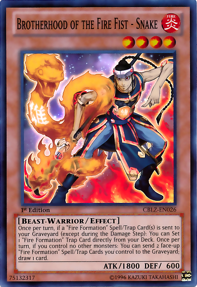 A Super Rare "Brotherhood of the Fire Fist - Snake" card from the Yugioh Set: Cosmo Blazer (CBLZ).
