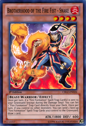 A Super Rare "Brotherhood of the Fire Fist - Snake" card from the Yugioh Set: Cosmo Blazer (CBLZ).