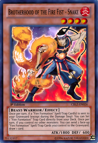 A Super Rare "Brotherhood of the Fire Fist - Snake" card from the Yugioh Set: Cosmo Blazer (CBLZ).