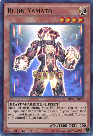 An Ultra Rare "Bujin Yamato" card from the Yugioh 2014 Mega-Tin Mega Pack.