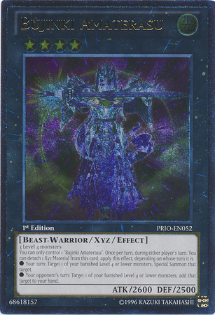 An Ultimate Rare "Bujinki Amaterasu" card from the Yugioh Set: Primal Origin (PRIO).