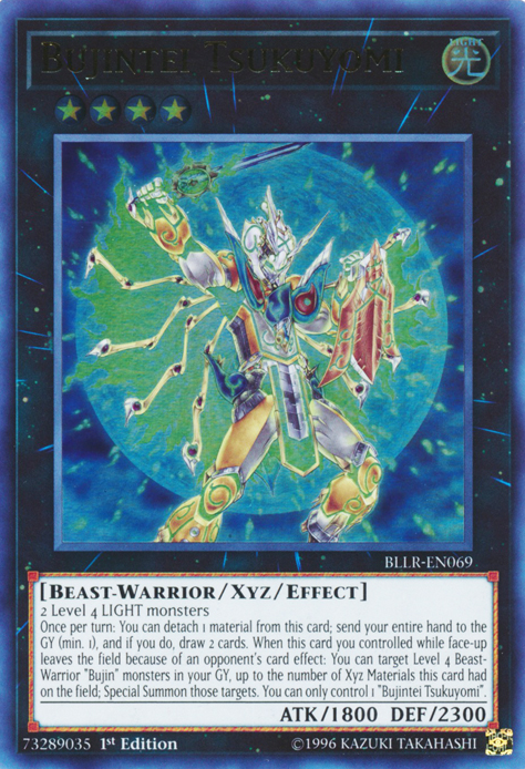 An Ultra Rare "Bujintei Tsukuyomi" card from the Yugioh Set: Battles of Legend: Light's Revenge.