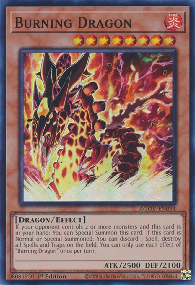 A Super Rare "Burning Dragon" card from the Yugioh Set: Age of Overlord.