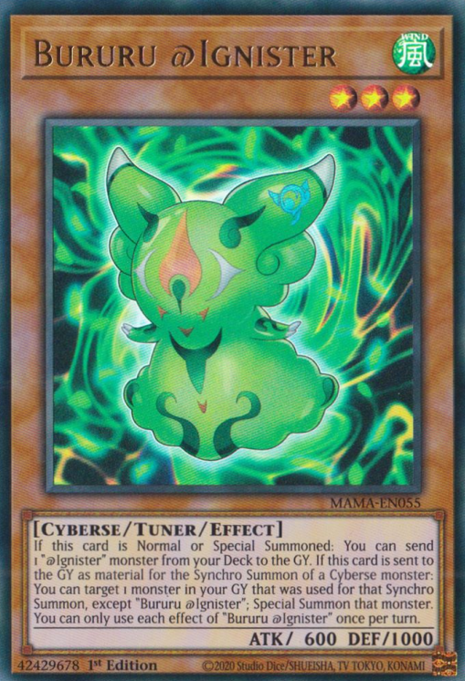 An Ultra Rare "Bururu @Ignister" card from the Yugioh Set: Magnificent Mavens.