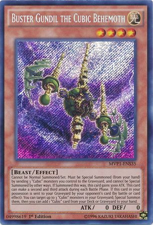 A Secret Rare "Buster Gundil the Cubic Behemoth" card from the Yugioh Set: The Dark Side of Dimensions Movie Pack: Secret Edition.