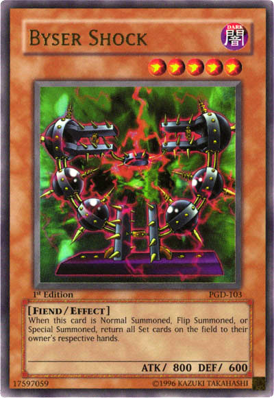 An Ultra Rare "Byser Shock" card from the Yugioh Set: Pharaonic Guardian.