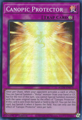 A Super Rare "Canopic Protector" card from the Yugioh Set: Age of Overlord.