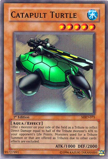 A Super Rare "Catapult Turtle" card from the Yugioh Set: Metal Raiders (MRD).