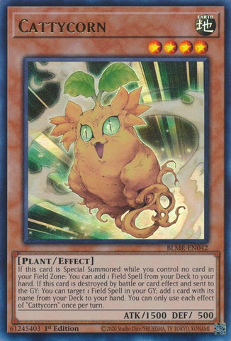 An Ultra Rare "Cattycorn" card from the Yugioh Set: Battles of Legend: Monstrous Revenge (BLMR).