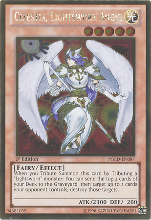 A Gold Rare "Celestia, Lightsworn Angel" card from the Yugioh Set: Premium Gold (PGLD).